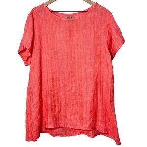 FLAX Women's Linen Top Coral Orange Red Loose Textured Relaxed Casual Size Large